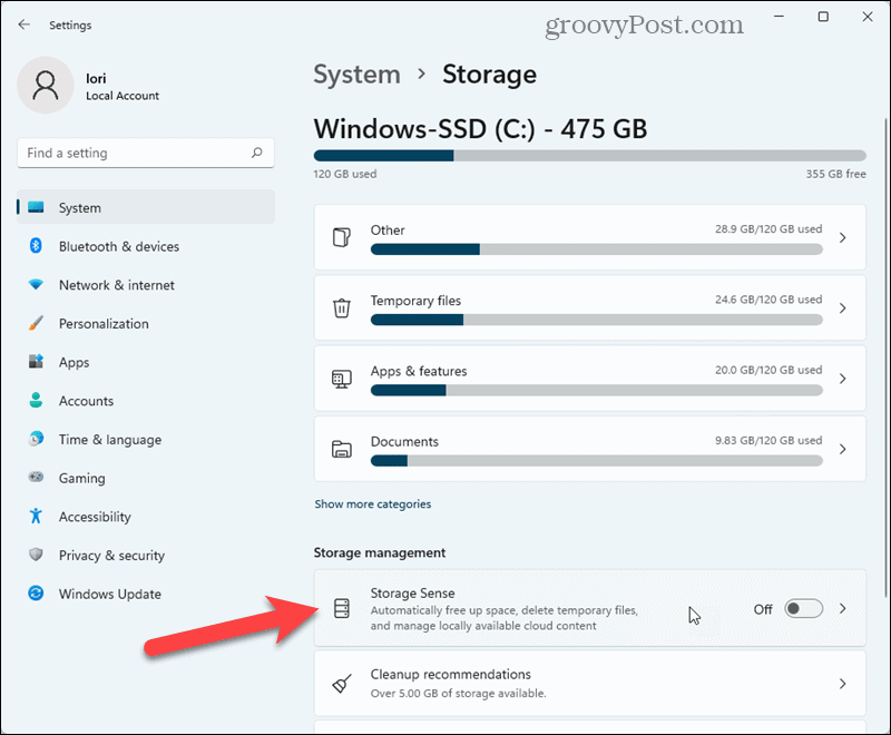 Napsauta Storage Sense Windows 11 -asetuksissa