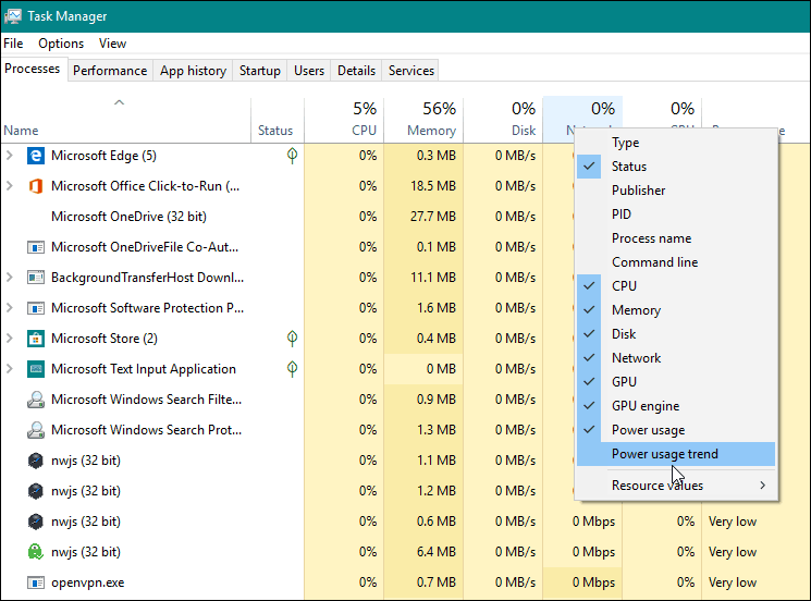 Lisää Power Monitor -sarake Windows 10 1809