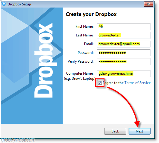 Dropbox-kuvakaappaus - kirjoita tilitietosi