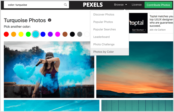 Pexels lajittelee valokuvat värin mukaan