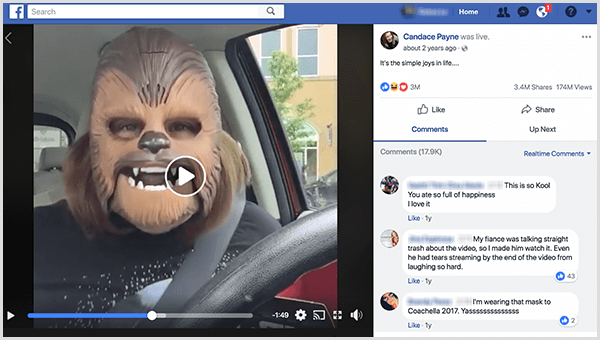 Candace Payne julkaistiin Facebookissa Chewbacca-naamiona Kohlin pysäköintialueelta. Kun tämä kuvakaappaus otettiin, hänen videollaan oli 3,4 miljoonaa jakoa ja 174 miljoonaa katselukertaa.