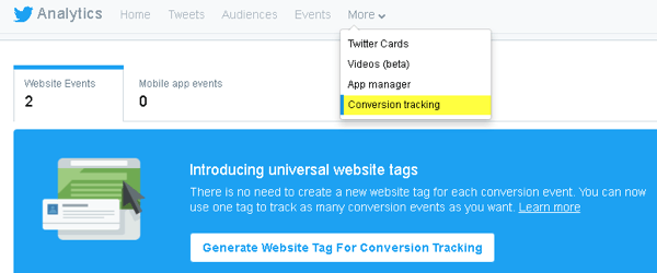 Twitterin avulla voit lisätä koodia verkkosivustoosi tulosseurantaa ja räätälöityjen yleisöjen luomista varten.