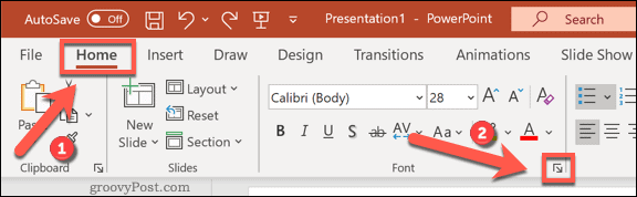 Fonttien asetusten valikon käyttäminen PowerPointissa Windowsissa