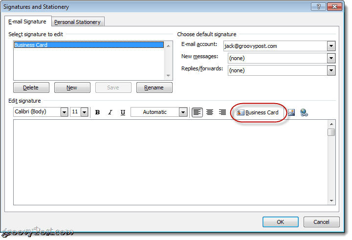 Liitä käyntikortti Outlook 2010: n sähköposti-allekirjoitukseen