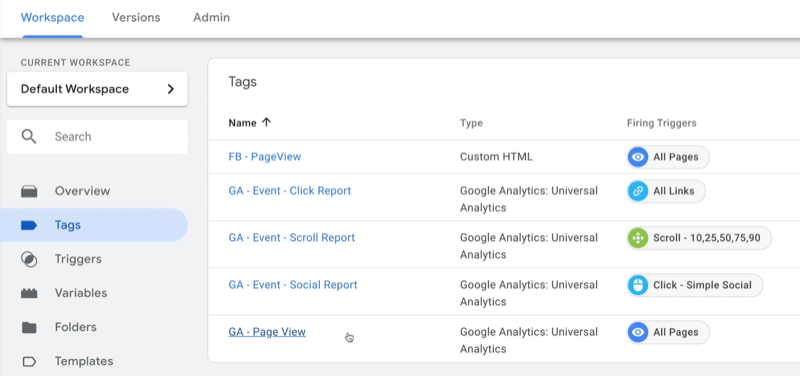 esimerkki google tag manager -hallintapaneelin työtilasta, jossa tagit on valittu ja näytetty useita esimerkkitunnisteita, joissa kullekin on merkitty tyyppi ja käynnistysliipaisin