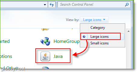 Näyttökuva: Windows 7 -ohjauspaneeli Käynnistä Java