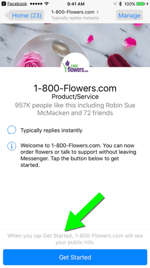 Kun lähetät viestin osoitteeseen 1-800-Flowers.com Facebook-sivunsa kautta, käyttäjien on helppo tulla asiakkaiksi.
