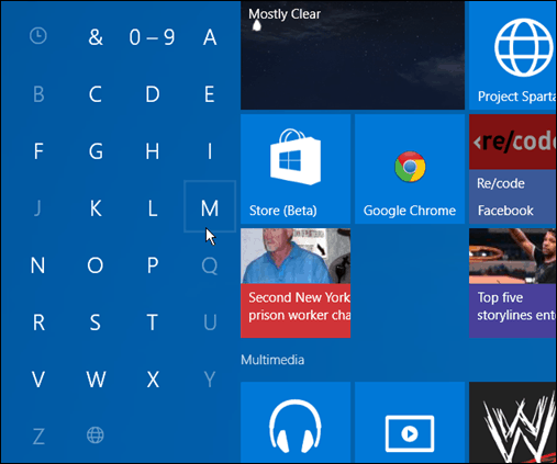 Hae sovelluksia ensimmäisen kirjaimen Windows 10: llä