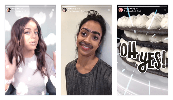 Instagram esitteli ensimmäisen erän uusia kameratehosteita, jotka Ariana Grande, Buzzfeed, Liza Koshy, Baby Ariel ja NBA ovat suunnitelleet Instagram-kamerassa ja aikoo tuoda lisää uusia tehosteita pian.