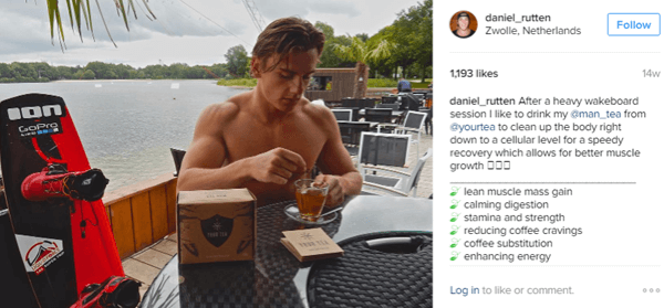 Urheilija Daniel Rutten poseeraa Man Tea -ohjelmassa ja korostaa etuja hänen Instagram-seuraajilleen.
