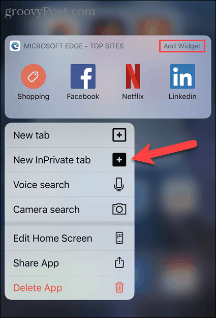 Valitse Uusi InPrivate-välilehti Edge-kuvakkeesta iOS: ssä