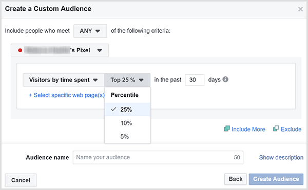 Facebook Luo oma yleisö -valintaikkunassa on vaihtoehtoja mainosten kohdistamiseksi asiakkaille, jotka viettivät eniten aikaa verkkosivustollasi.