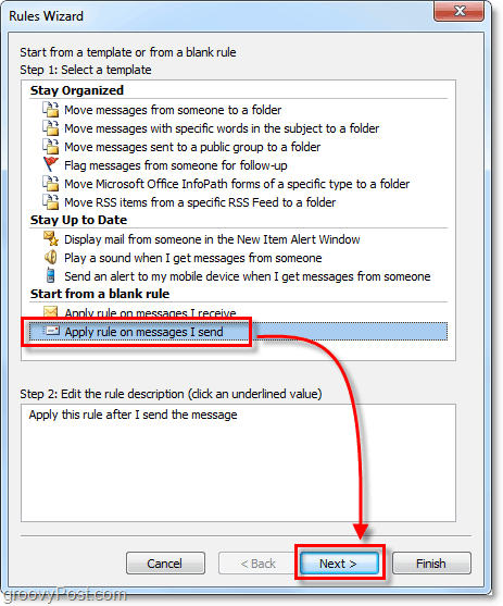 soveltaa sääntöä lähettämiin viesteihin Outlook 2010: ssä