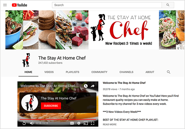 Tämä on kuvakaappaus The Stay At Home Chef YouTube -kanavasta. Kansikuvassa on tarkasti rajatut valokuvat useista ruokalajeista ja siluetti naisesta, joka käveli ja pitää pienen lapsen kättä. Siluetin vieressä on YouTube-kanavan nimi ja teksti "Uudet reseptit 3 kertaa viikossa!" Kanavalla on 247 432 tilaajaa. Koti-välilehti on valittu, jossa tervetulovideo näkyy vasemmalla ja tervetuloviesti oikealla. Rachel Farnsworth sanoo, että YouTubella on korkeampi katsojien säilyttämisaste verrattuna YouTubeen.