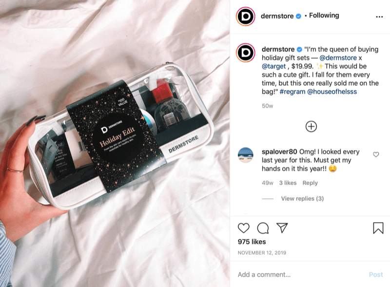 esimerkki kausiluonteisesta lahjasta @dermstore, joka on löydetty ja jaettu Instagramissa, jossa ilmoitetaan myyntihinta ja merkitään @target, missä myynti tapahtuu