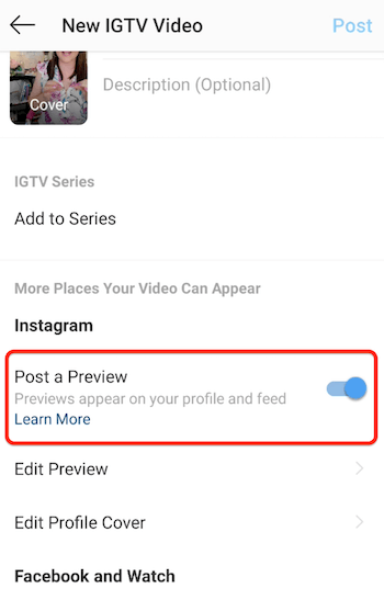 instagram igtv uudet videovalikkovaihtoehdot, kun esikatseluvaihtoehto on aktivoitu