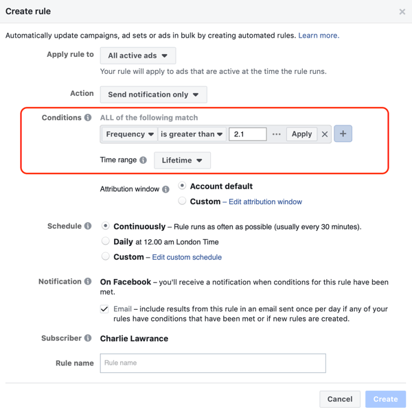 Käytä Facebookin automaattisia sääntöjä ja ilmoituksia, kun mainostiheys on yli 2,1, vaihe 2, ehtojen asetukset