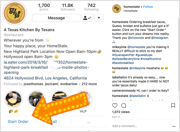 esimerkki Instagram-yrityspostista, joka näyttää käyttäjille Aloita tilaus -toiminnon painikkeen käyttämisen