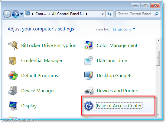 Siirry Helppokäyttöisyyskeskukseen Windows 7 -ohjauspaneelin kautta