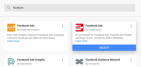 Käytä Google Data Studiota Facebook-mainostesi analysointiin, vaihe 4, vaihtoehto käyttää Supermetricsin Facebook-mainosliitintä tietolähteenä