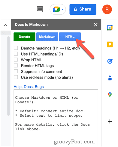 Muunna HTML-muotoon käyttämällä Docs to Markdownia Google-dokumenteissa