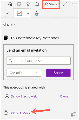Lähetä kopio muistiinpanosta OneNotessa Windows 10: lle