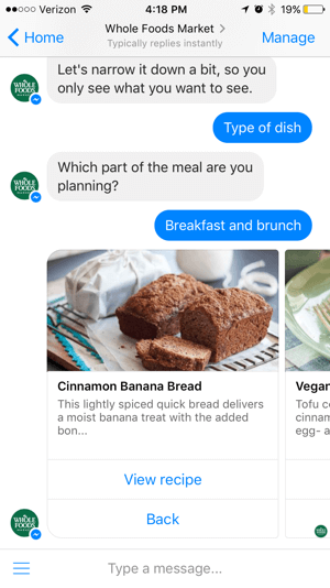 Whole Foodsin chatbot tarjoaa arvoa sisällön kautta sen sijaan, että myydään suoraan käyttäjille.