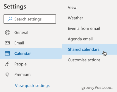 Jaetut kalenterit -vaihtoehto Outlookissa