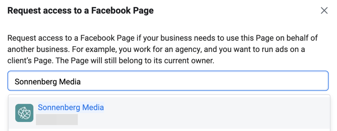 kuva Pyydä pääsyä Facebook-sivulle Meta Business Managerissa