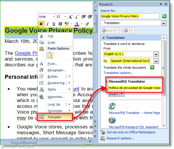 Office 2010 pystyy kääntämään myös yksittäisiä sanoja ja lauseita