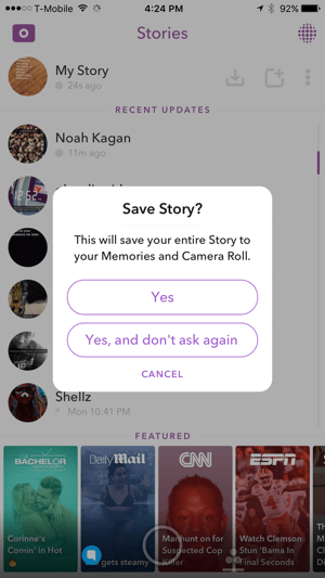 Napauta Kyllä tallentaaksesi Snapchat-tarinasi.