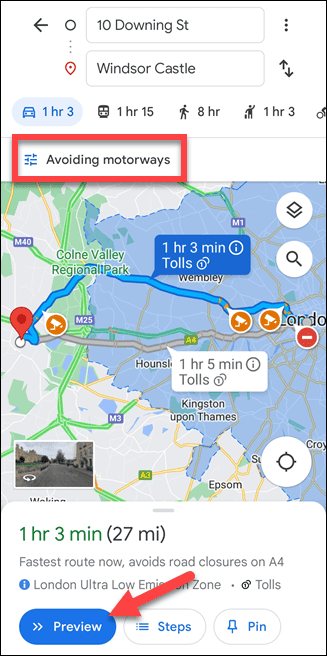 Google Maps -mobiilireitti ilman moottoriteitä