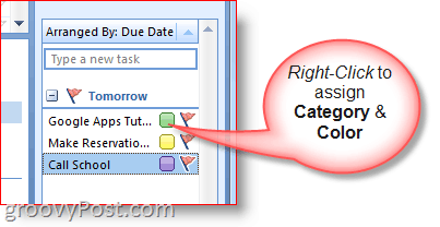 Outlook 2007 tehtäväpalkki - Napsauta hiiren kakkospainikkeella tehtävää valitaksesi värit ja luokan