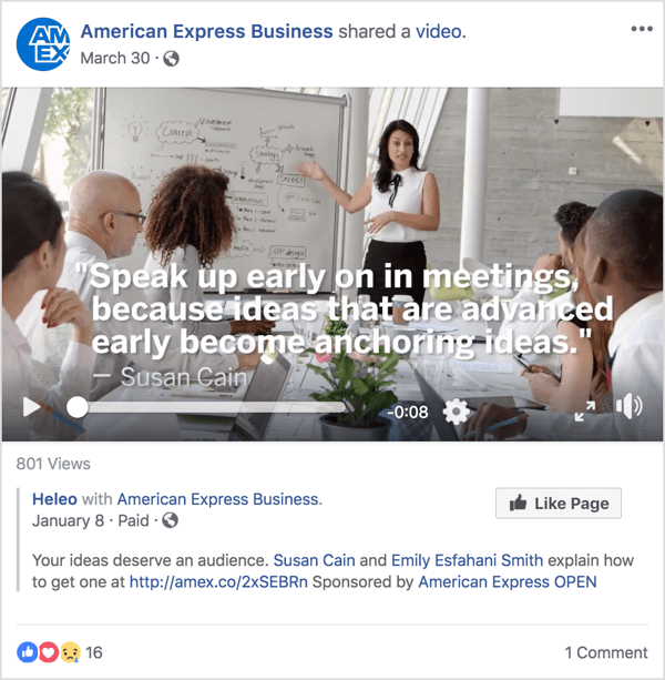 Tässä American Express Business -yrityksen Facebook-mainoksessa on Susan Cain, tunnettu johtoasiantuntija, joka saavutti mainetta äskettäisellä TED Talkilla.