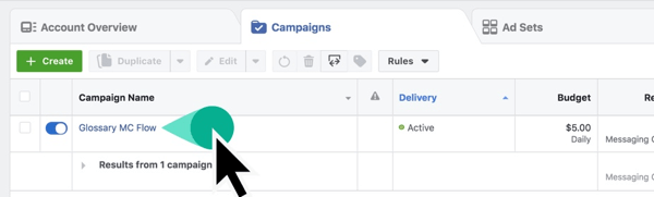 Etsi kampanjasi nimi Facebook Ads Managerista.