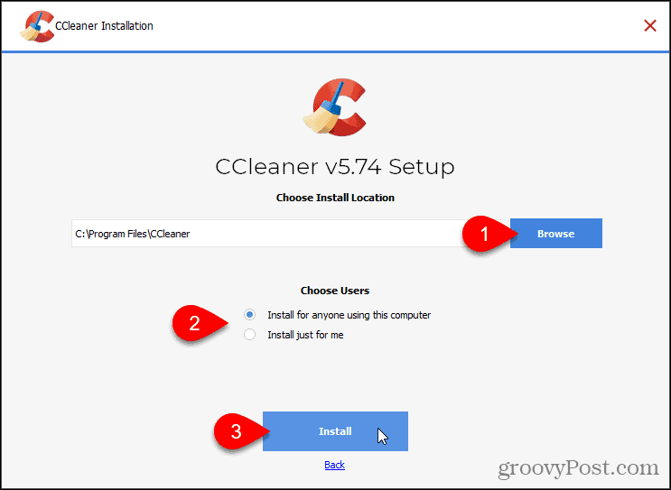 Napsauta Asenna asentaaksesi CCleanerin