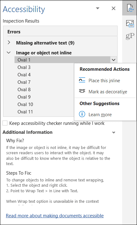 Microsoft Office Accessibility Checker Object -tulokset