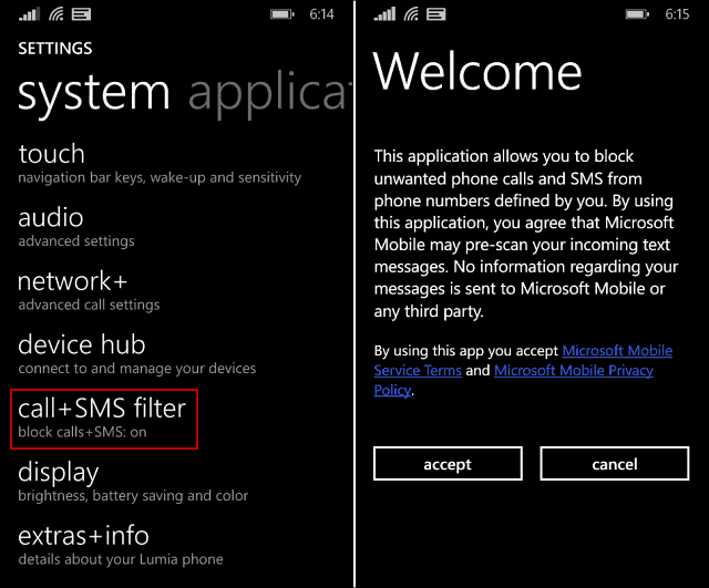 Estä ei-toivotut puhelut ja tekstiviestit Windows Phone 8.1: ssä