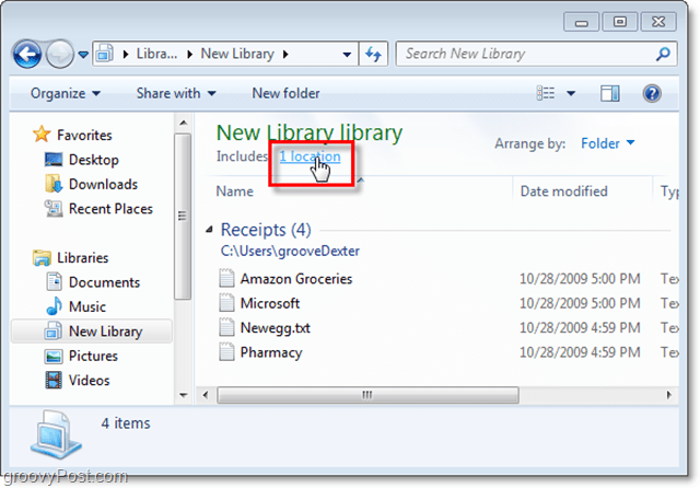 paina sijainti-linkkiä asettaaksesi uusia sijainteja Windows-kirjastoon