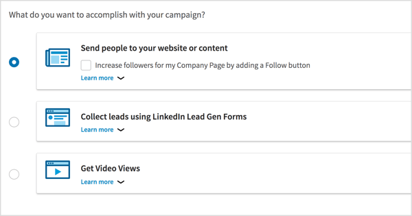 Valitse kampanjatavoite LinkedIn-videomainoskampanjallesi.