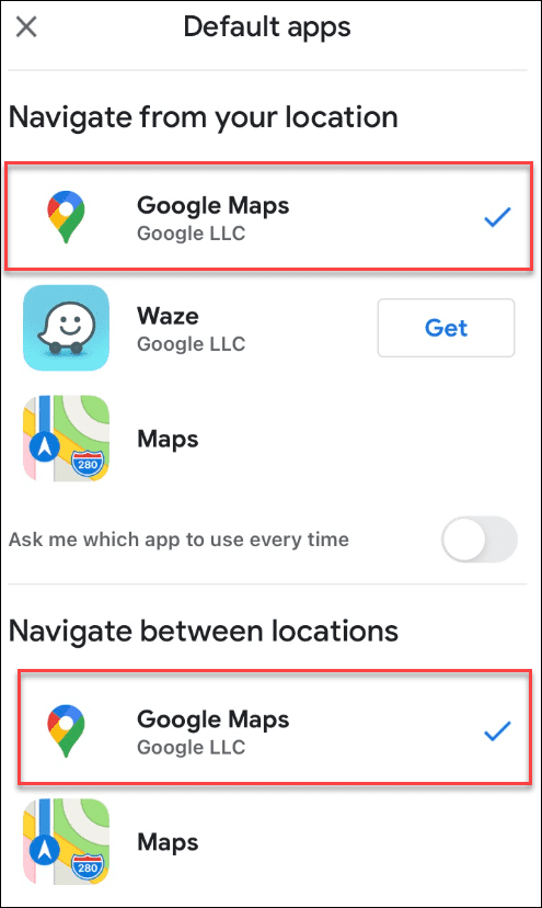 gmail google maps valittu oletukseksi