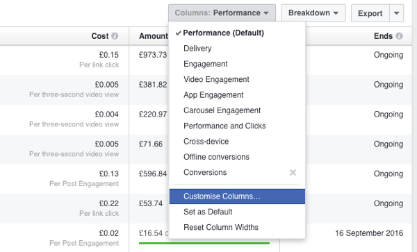 Lisää uusi raportointisarake Facebook Ads Manageriin.