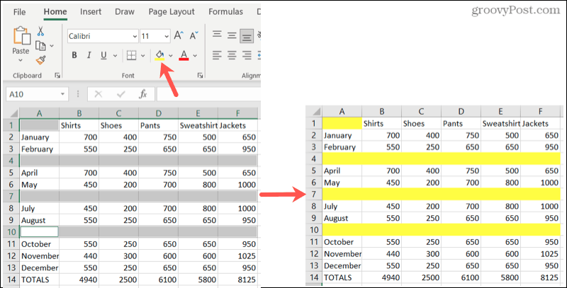 Korosta tyhjät rivit Excelissä