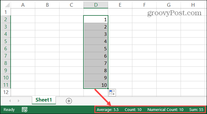 Excel-tilarivi valituille soluille