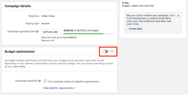 Facebook-kampanjan budjetin optimointivaihtoehto.