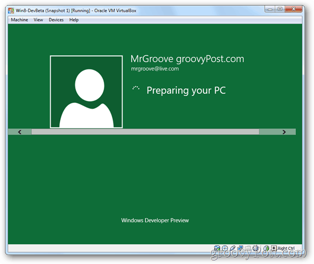 VirtualBox Windows 8: n asennus valmistelee työpöytää