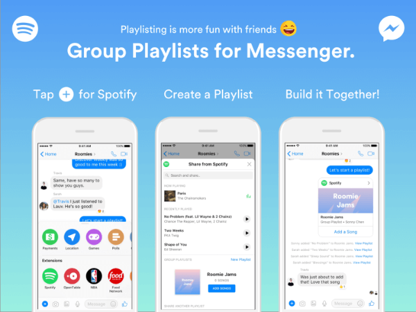 Spotify laajensi Messenger-botinsa toimintoja, jotta ryhmät voivat rakentaa soittolistoja suoraan Messenger-sovelluksesta.
