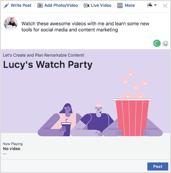 Napsauta Lähetä julkaistaksesi Facebook Watch Party -viestisi.