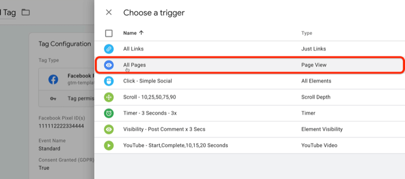 google tag manager uusi tagi, valitse liipaisimen valikkovaihtoehdot, joissa kaikki sivut on valittu ja korostettu