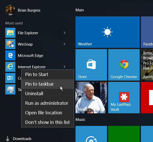 IE Käynnistä-valikko Windows 10